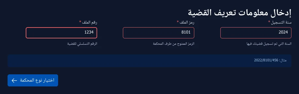 Step 1: Enter case number (year, code, number)
